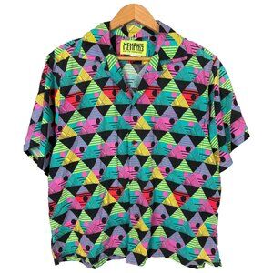 Vintage Memphis 90s Neon Triangle Button-Up Shirt Multicolor Short Sleeve Medium